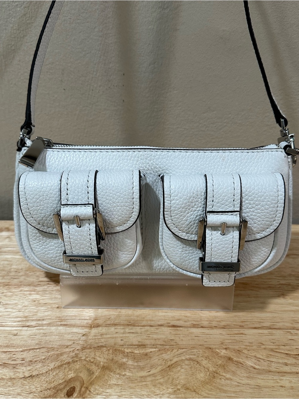 Michael Kors White Pebbled Leather Double Pocket Mini Shoulder Bag